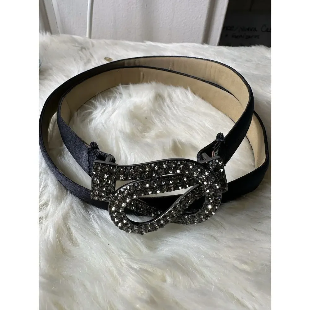 Talbots Black Leather Belt with Rhinestone Infinity Buckle
